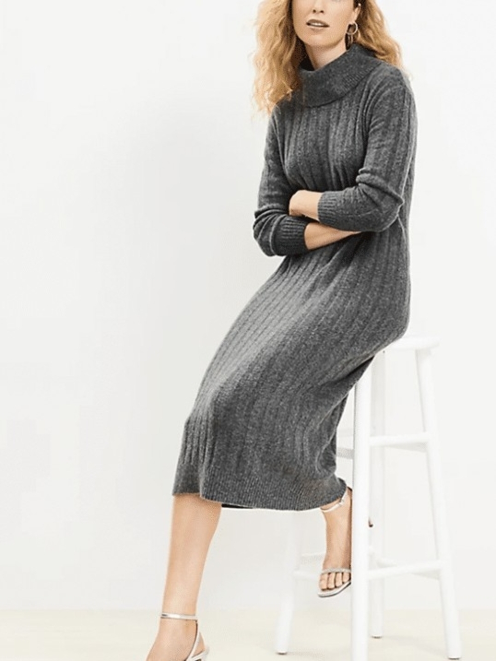 LOFT Gray Ribbed Cowl-Neck Midi Sweater Dress Size L/XL